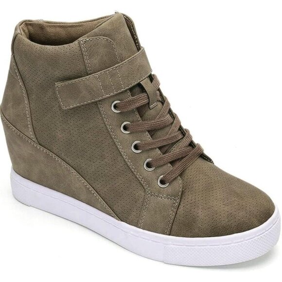 Women Women\'s Lace-Up Wedge Sneakers Leather High Top Ankle Boots 7.5 Brown